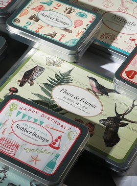 美国CAVALLINI复古木质手帐印章铁盒邮戳字母动物数字图案铁盒