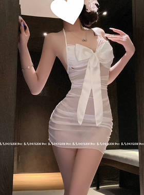 DEC后背迷情 禁欲系性感蝴蝶结网纱睡裙女夏透视吊带裙睡衣