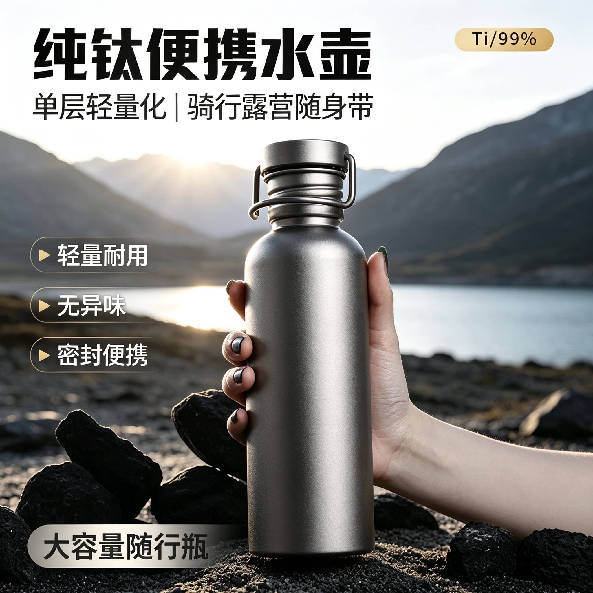 纯钛运动水壶户外登山水杯骑行单层便携露营水瓶可烧水钛水壶冰花