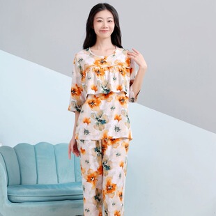 棉绸睡衣套装女防走光绵绸中袖八分裤家居服木浆可外穿家居人造棉