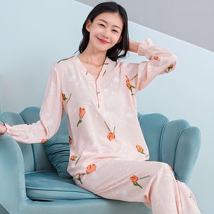 夏季棉绸睡衣女款套装长袖长裤V领中年妈妈薄款绵绸休闲服空调衫
