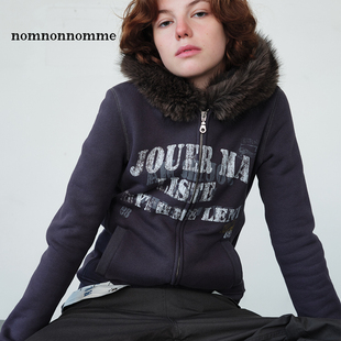 「双十二新品」nomnonnomme街头感印花毛领帽子合身款卫衣外套