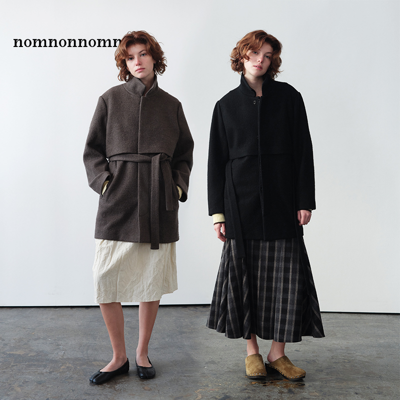 「双十二新品」nomnonnomme 立领优雅绑带羊毛呢大衣外套