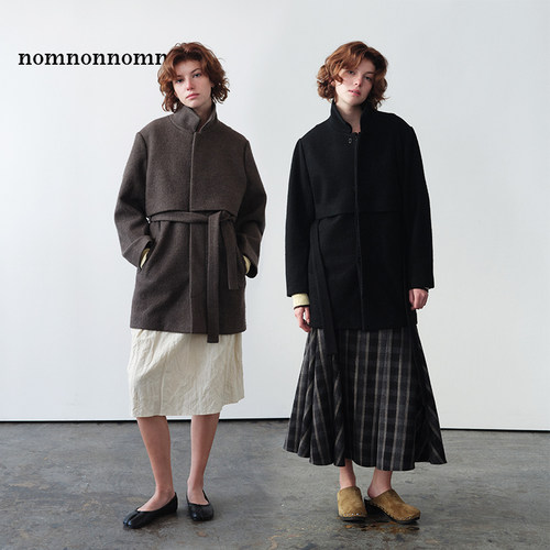 「双十二新品」nomnonnomme 立领优雅绑带羊毛呢大衣外套