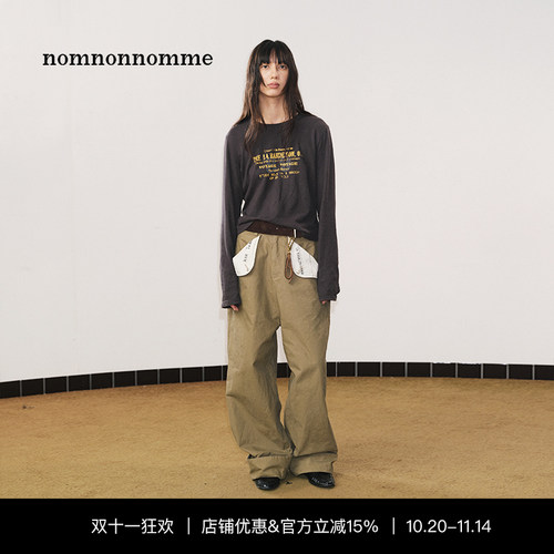 水洗做旧翻袋印花宽松翻边工装裤