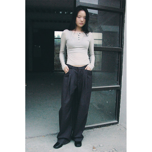 nomnonnomme双裤腰设计羊毛质感休闲直筒西装长裤