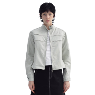 nomnonnomme 拉链分割皮衣夹克外套 复古休闲合身短版