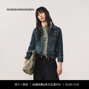 nomnonnomme水洗做旧合身款九分袖拉链门襟复古蓝牛仔外套