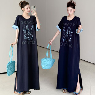 胖mm宽松卡通印花撞色长款 大码 新款 夏季 T恤裙显瘦开叉连衣裙 女装