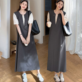 女装 过膝西装 胖mm显瘦遮肚法式 连衣裙长款 裙假两件 拼接衬衫 夏大码
