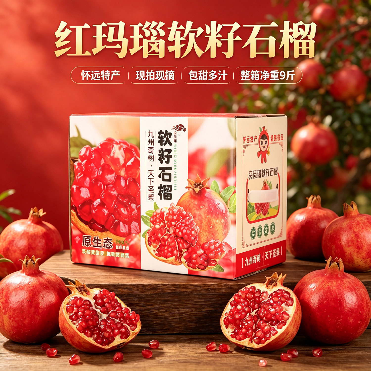 怀远红玛瑙软籽石榴净重9斤脆甜