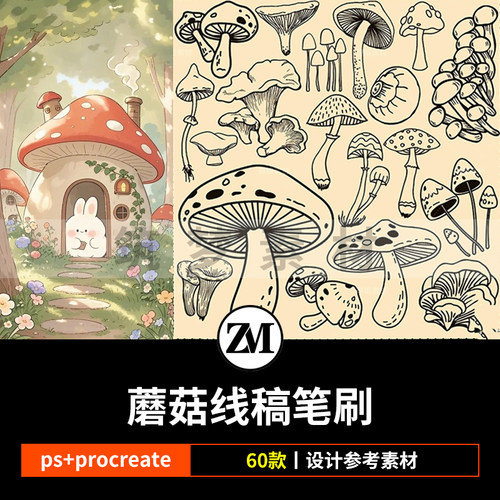 ps笔刷procreate笔刷蘑菇卡通可爱菌菇杏鲍菇冬菇插绘画辅助线稿