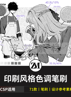 印刷风格色调笔刷集 动漫画CSP素材CLIP格式71枚 ClipStudioPaint