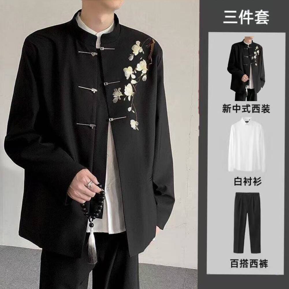2026新中式牡丹白玉兰刺绣立领订婚西装垫肩套装青年潮流古风男装