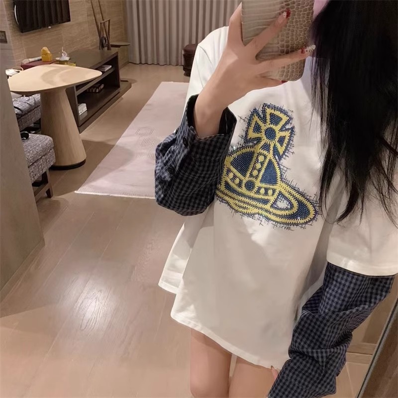 星球印花撞色假两件长袖T恤女春季新款韩版宽松中长款休闲上衣潮