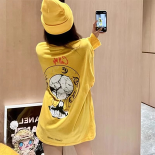 马蹄梵文印花撞色长袖T恤女夏季小众设计感宽松中长款慵懒防晒衫