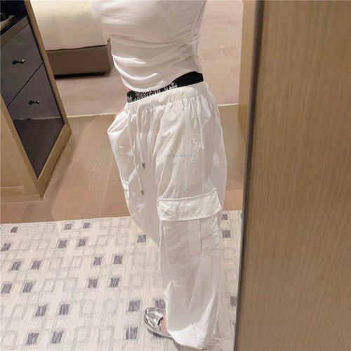 十字架梵文印花双腰头工装长裤女夏季小众抽绳设计感束脚休闲裤潮