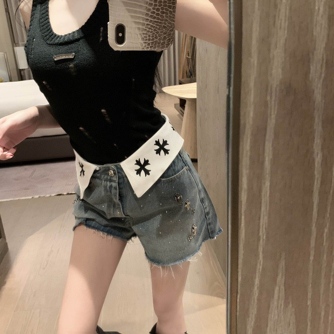 翻腰梵文十字架洗水牛仔短裤女夏季设计感小众显腿长纯欲百搭短裤