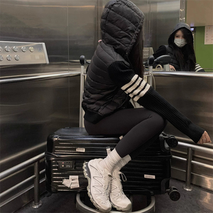 樊樊 条纹织带针织拼接连帽羽绒棉服女秋冬小众显瘦洋气保暖外套