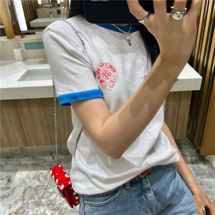 夏季马蹄梵文拼色百搭短款印花T恤女设计感减龄纯棉ins短袖上衣潮