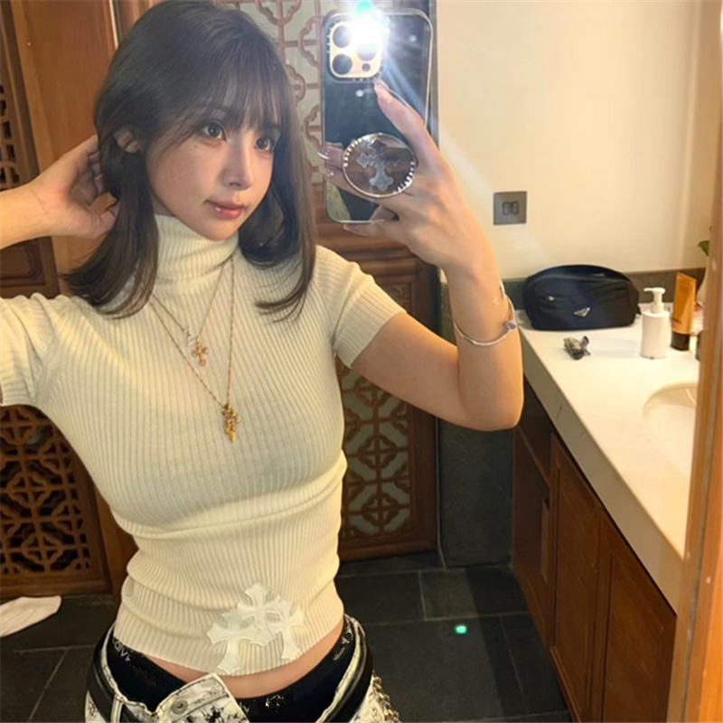 十字架拼皮高领短袖针织衫女秋冬新款纯欲辣妹修身显瘦打底衫上衣