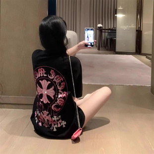 闪闪上衣 小众设计感情侣中长款 梵文十字架重工烫钻短袖 T恤女夏季