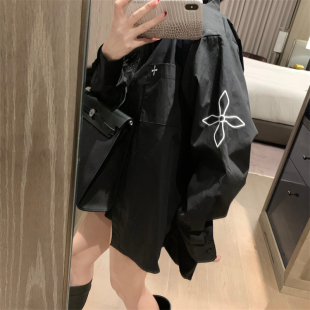 十字架印花复古黑色薄款衬衫女夏季新款小众宽松慵懒休闲防晒衬衫