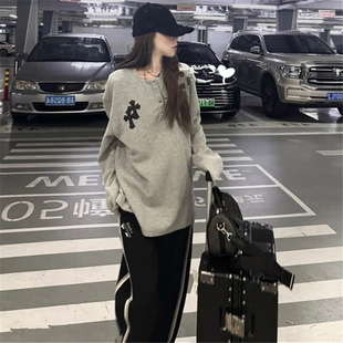 十字架拼皮华夫格亨利领长袖T恤女秋季新款宽松显瘦慵懒休闲上衣