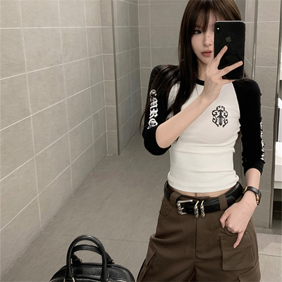 十字架梵文拼色印花七分袖T恤