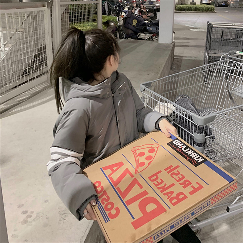 条纹撞色连帽羽绒棉服女秋冬新款韩版小众宽松慵懒设计感保暖外套