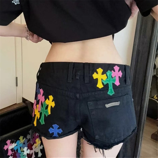 十字架彩色拼皮补丁牛仔短裤女夏季小众显瘦毛边高街复古洋气热裤