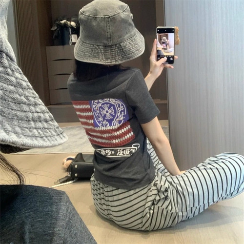 时髦套装女夏季小众V领梵文印花短袖T恤复古松紧腰条纹长裤两件套