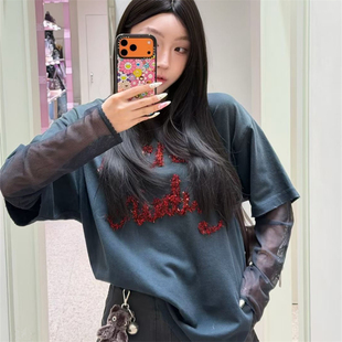 宽松中长款 字母亮片网纱假两件长袖 韩版 新款 设计感上衣 T恤女春季