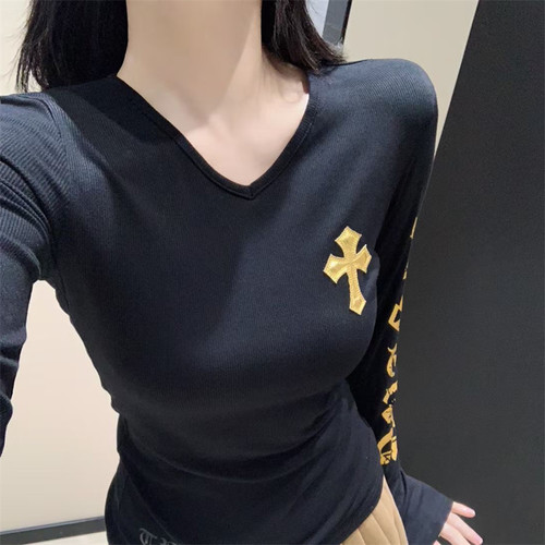 十字架拼皮梵文印花长袖T恤女春秋新款V领撞色纯欲显瘦百搭上衣