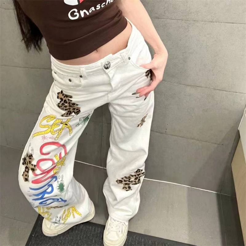 十字架豹纹拼皮字母涂鸦牛仔裤女春夏新款美式复古洋气辣妹直筒裤