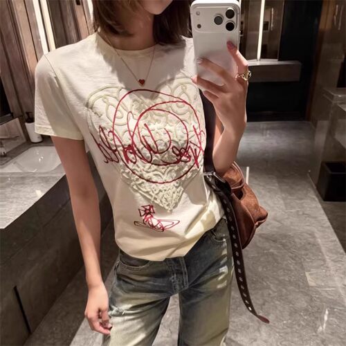 爱心发泡印花涂鸦短袖T恤女夏季新款小众设计感宽松显瘦洋气上衣