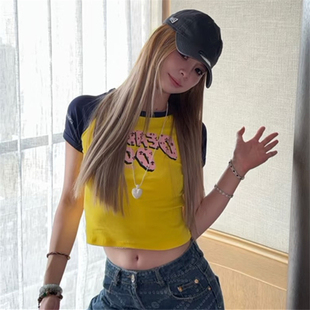 纯欲辣妹上衣 小众设计感插肩袖 梵文卡通美少女印花短袖 T恤女夏季