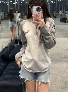 梵文刺绣十字架拼皮毛织长袖T恤女春夏小众设计感插肩袖休闲上衣
