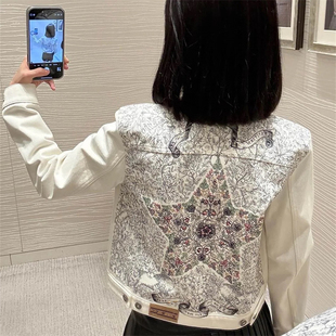 五角星图腾重工印花短款上衣女春夏新款小众字母刺绣白色牛仔外套
