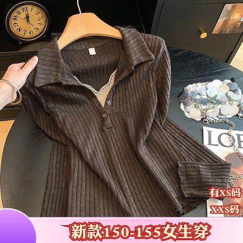 150cm女装显高加小码XXS矮个子秋装假两件蕾丝拼接打底衫长袖小衫