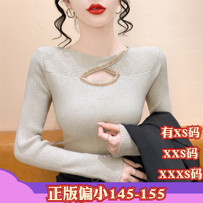 加小码XXXS女装小矮个子冬装150cm显高泡泡袖领镂空钉钻针织毛衣