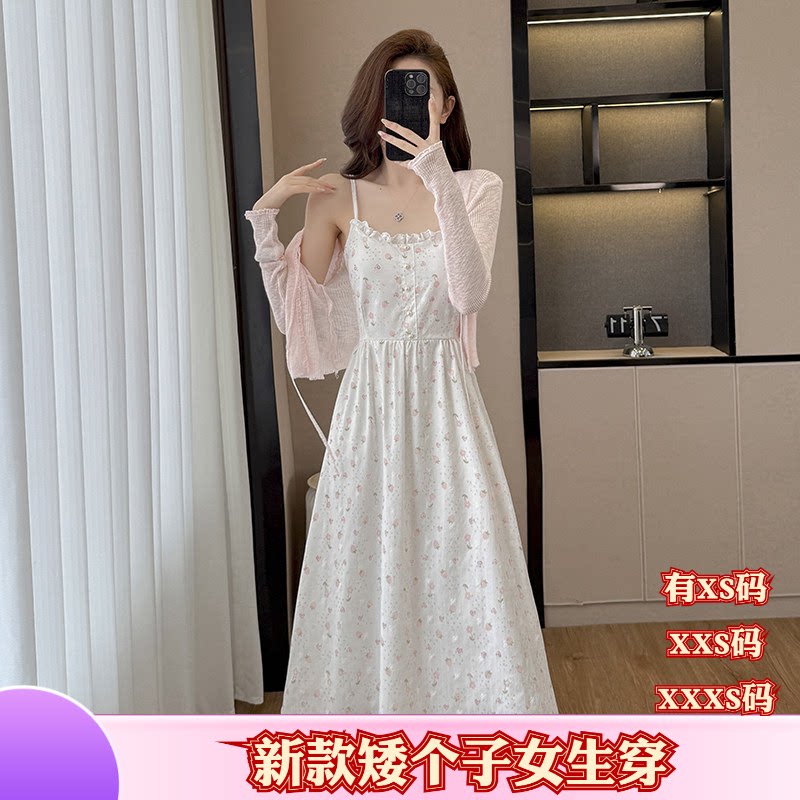 夏季150cm显高小个子女装加小码XXXS碎花吊带连衣裙开衫两件套装图片