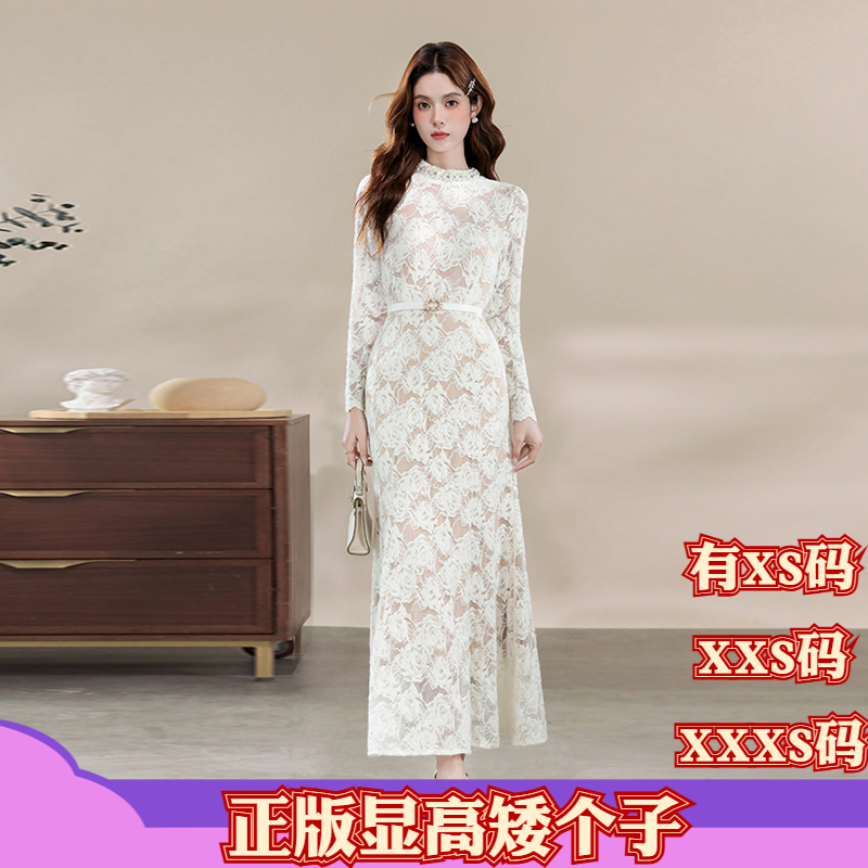 加小码XXXS女装150cm显高矮个子冬装高级感立领钉珠蕾丝连衣裙女