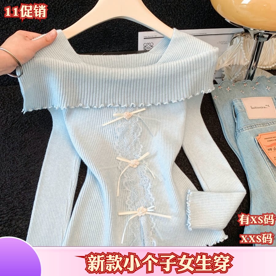 加小码女装秋装XXS小个子150cm新款一字肩木耳边针织衫拼接蕾丝