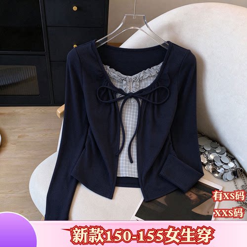 秋装150cm女装XXS加小码矮个子显高拼接假两件蝴蝶结系带T恤上衣