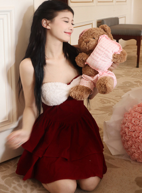 Poppaea秋冬红色抹胸连衣裙少女感生日礼裙圣诞新年氛围感毛绒裙