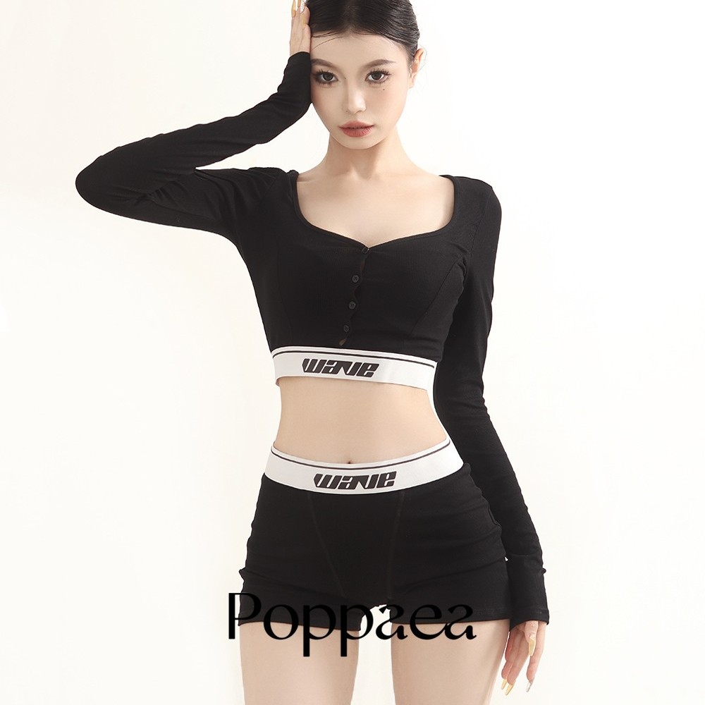 Poppaea辣妹紧身长袖露脐T恤上衣高腰短裤居家服套装运动服瑜伽