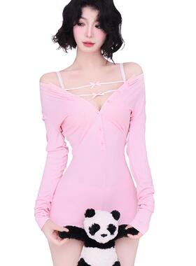 Poppaea纯欲粉色薄款连体衣家居服瑜伽服居家服健身衣女性感睡衣