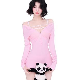 Poppaea纯欲粉色薄款 连体衣家居服瑜伽服居家服健身衣女性感睡衣