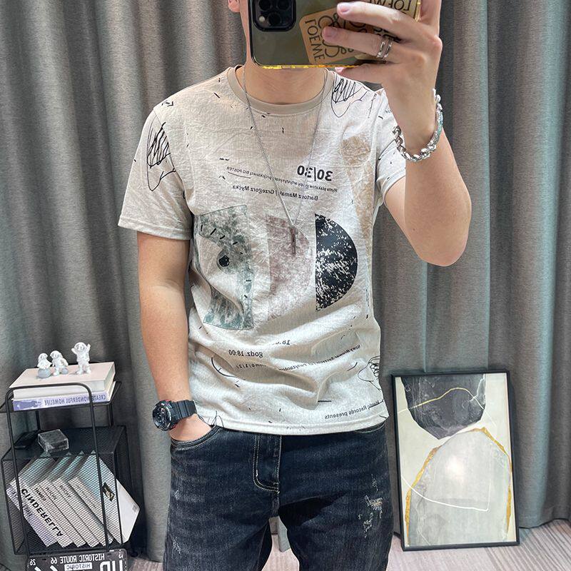 短袖t恤男天丝棉麻衣服2025夏季新款高端男装上衣修身印花体恤衫